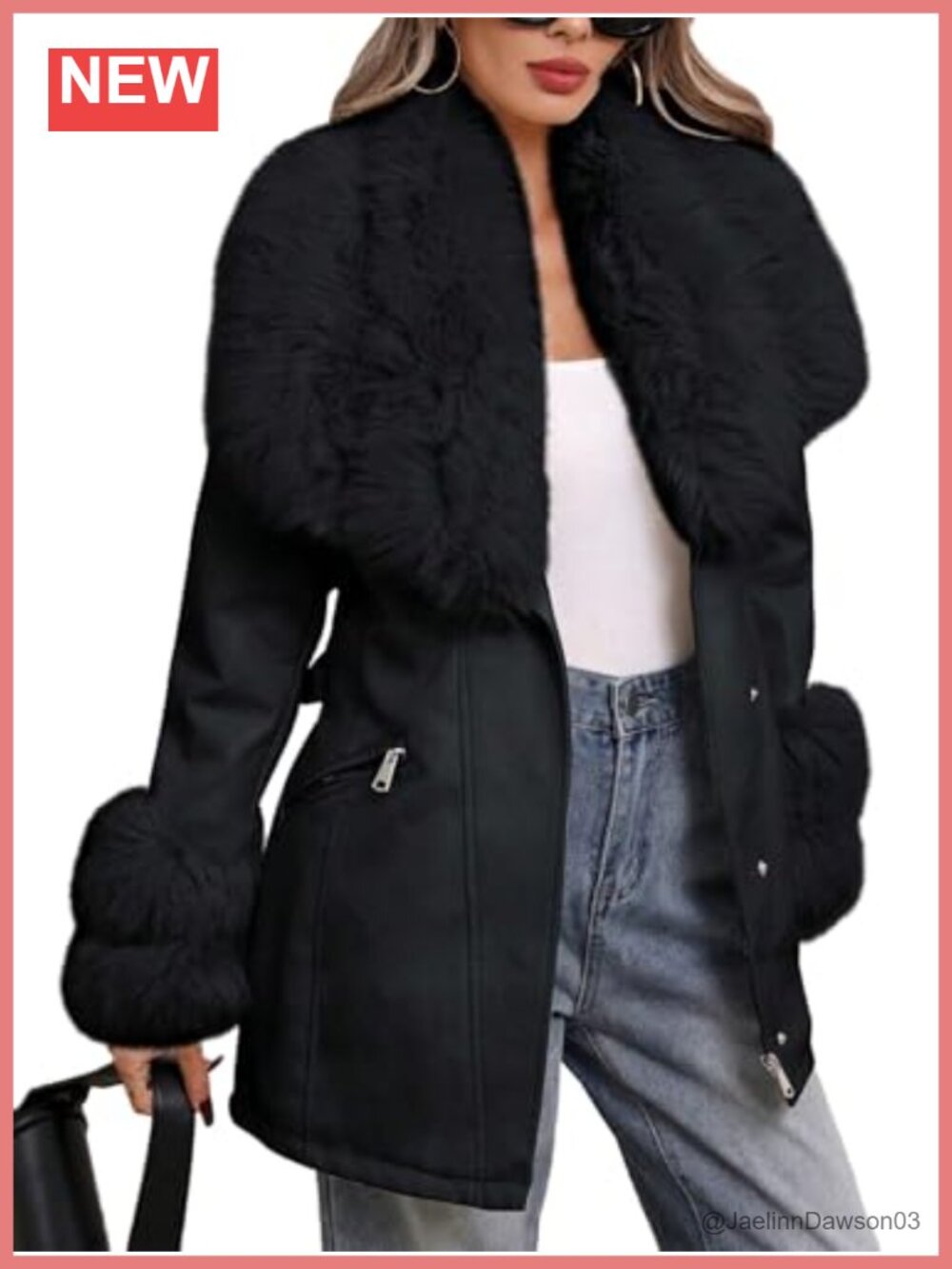 Faux Leather Fur Trim Belted Moto Jacket Mid-Length Winter Coat
